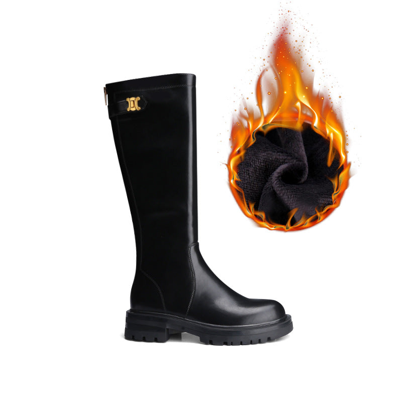 Button Back Zipper Round Head Thick Bottom Medium Chunky Women's Leather Boots