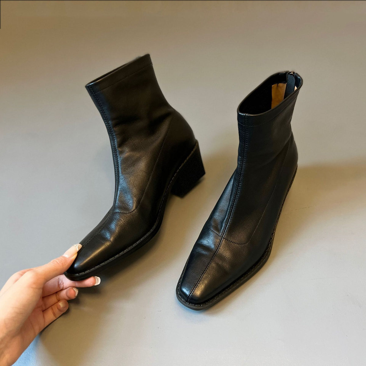 Women's Chunky Square Toe Booties Back Zipper Women's Leather Boots