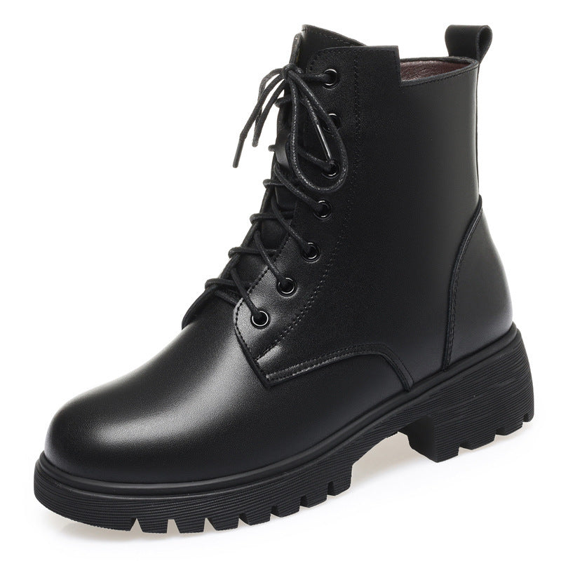 Women's With Fleece Lining Short Thick Bottom Martin Women's Leather Boots