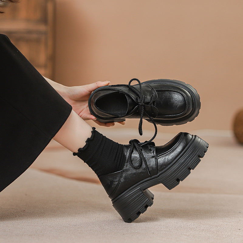 Women's Autumn Invisible Elevated British Style Retro Easy Matching Chunky Round Women's Casual Shoes