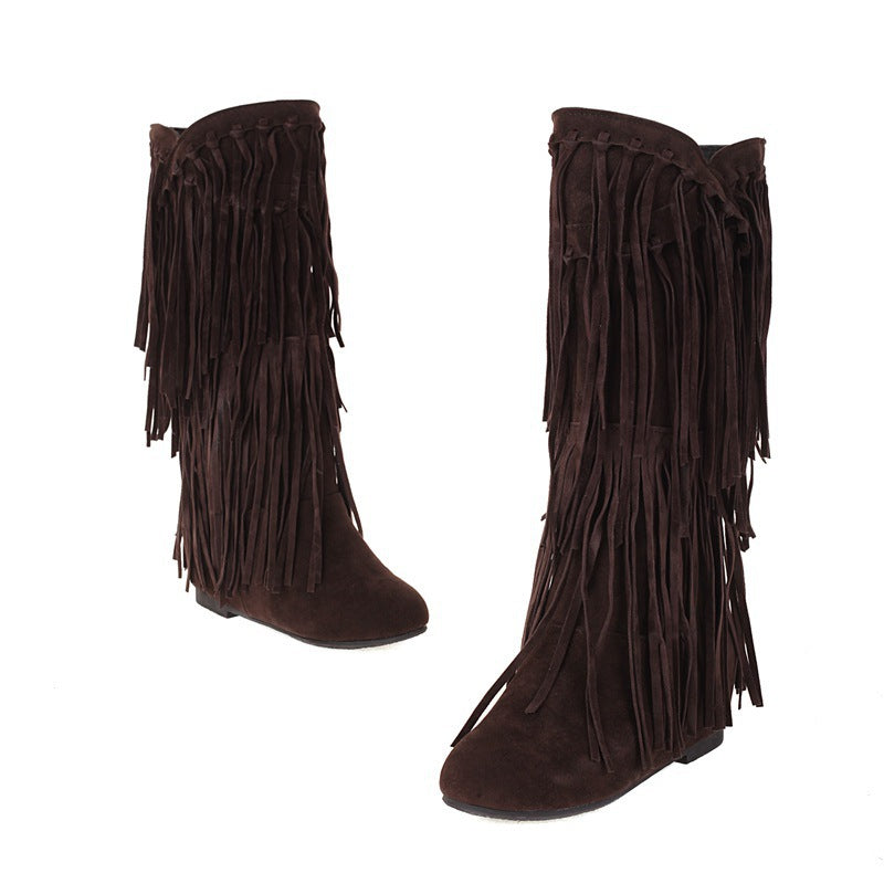 Women's Large Size Tassel Preppy Style Flat Women's Leather Boots
