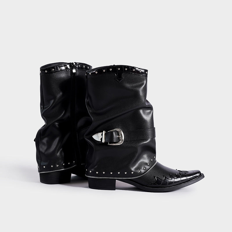 Pointed Toe Chunky Martin Rivet Chain Boots