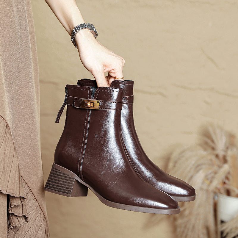 Women's Middle Tube Brown French Square Toe Boots