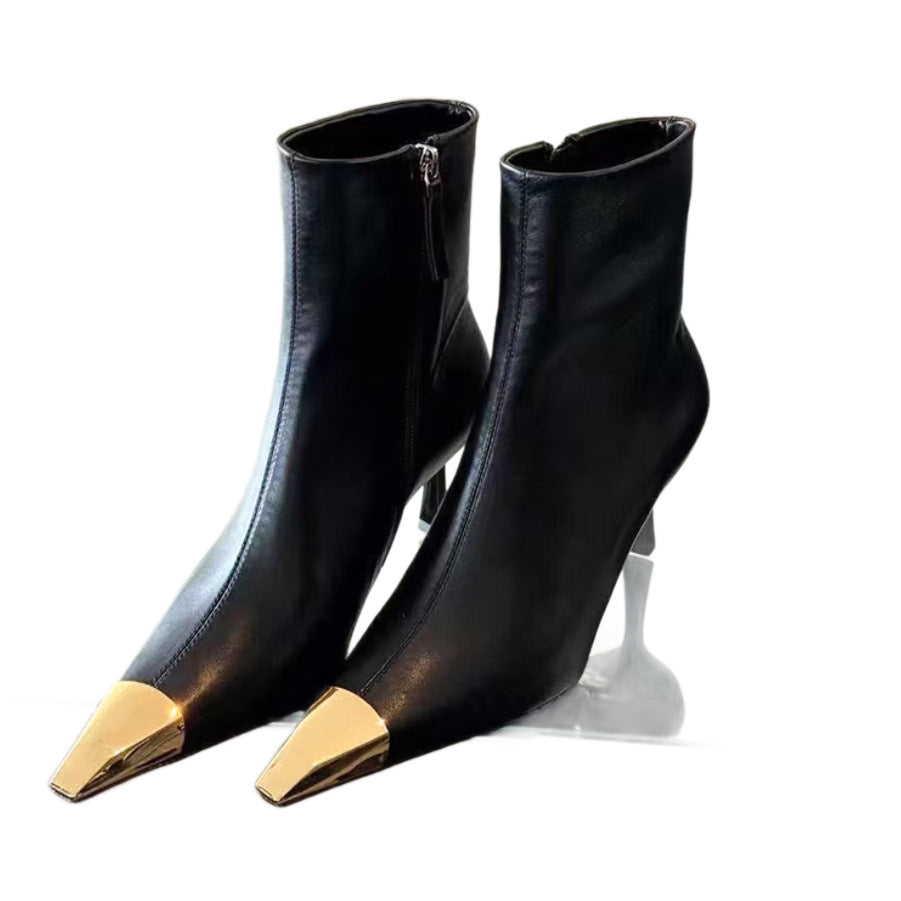 Women's Metal Pointed Toe Stiletto Short Side Women's Leather Boots