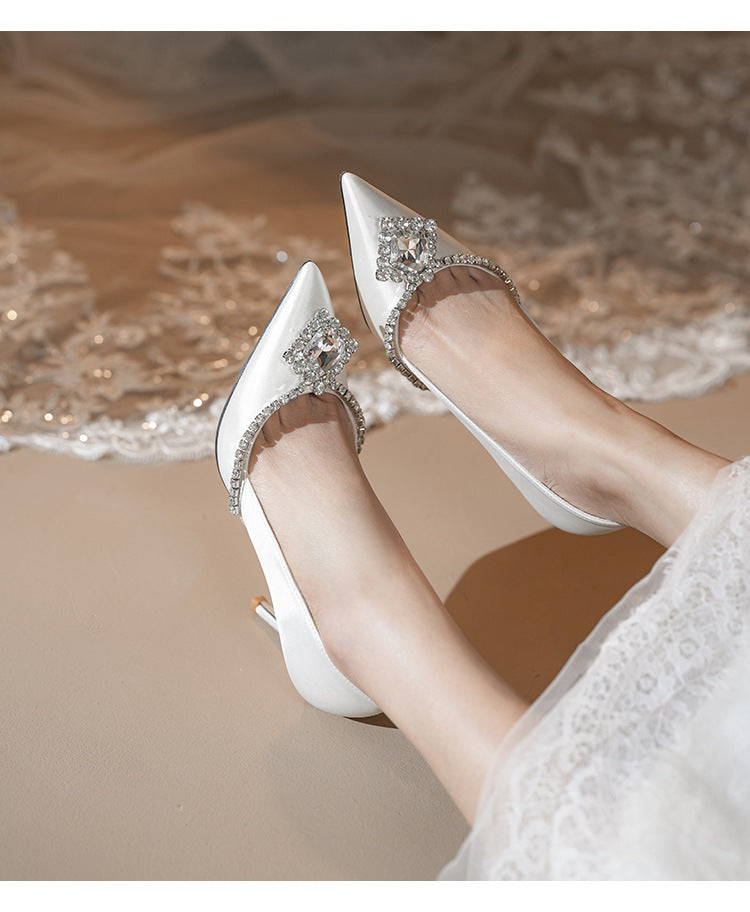 Women's White Rhinestone High Pointed Stiletto Satin French Wedding Dress Bride Women's Fashion Shoes
