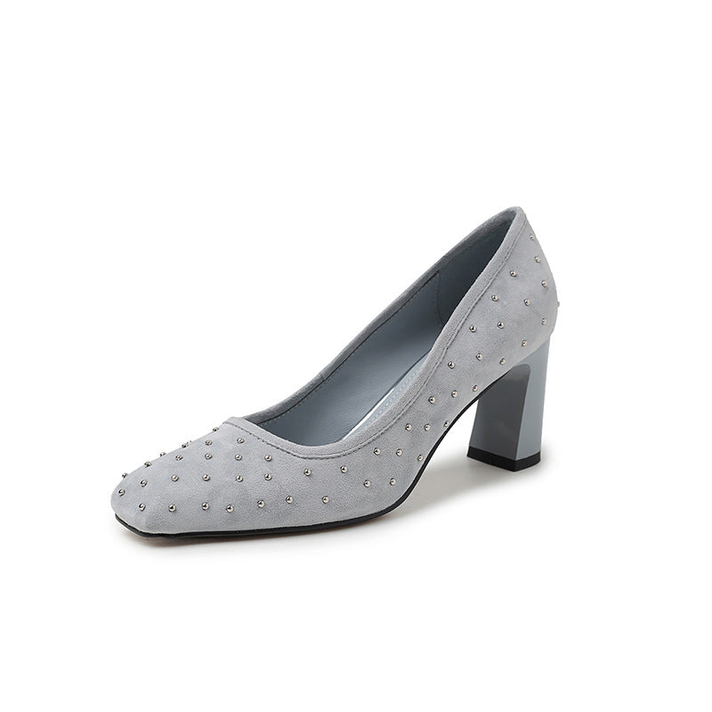 Women's Starry Sheepskin Affordable Luxury Style Rivet Square Toe Chunky Low-cut Heels