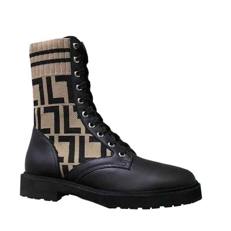 Women's Round Head Chunky Letters Lace Up Elastic Women's Leather Boots