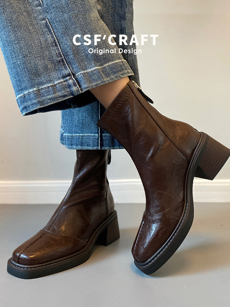 Women's Retro High Ankle Square Toe Stretch Pleated Women's Leather Boots