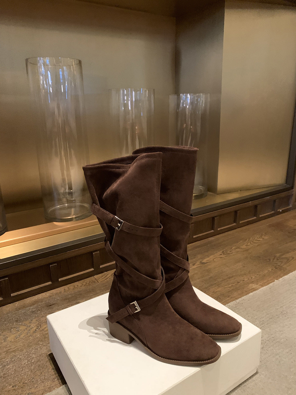 Women's Mom High Pile Style Cross Buckle Strap Tube Knee-high Knight Boots