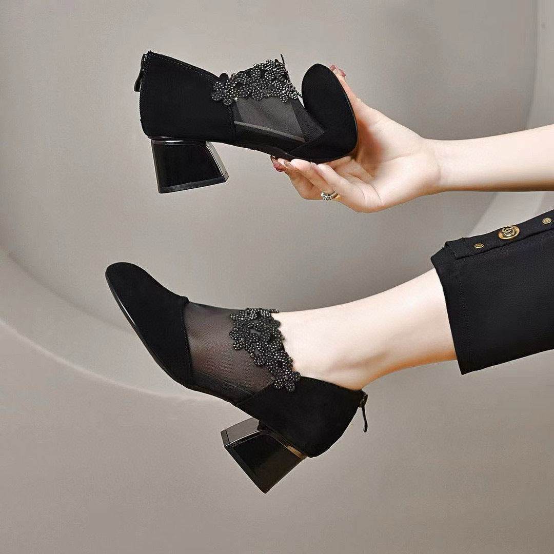 Women's Round Toe Mesh Black Sheepskin Flat Deep Mouth Flower Loafers