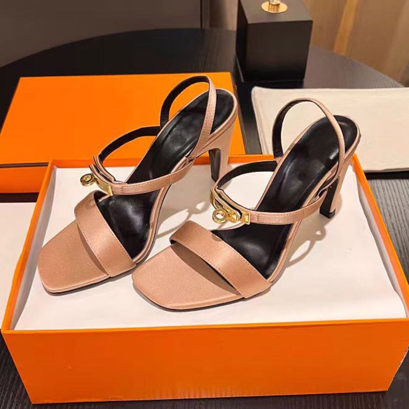 Women's Stiletto Square Toe Metal Button Buckle Satin High Heeled Sandals