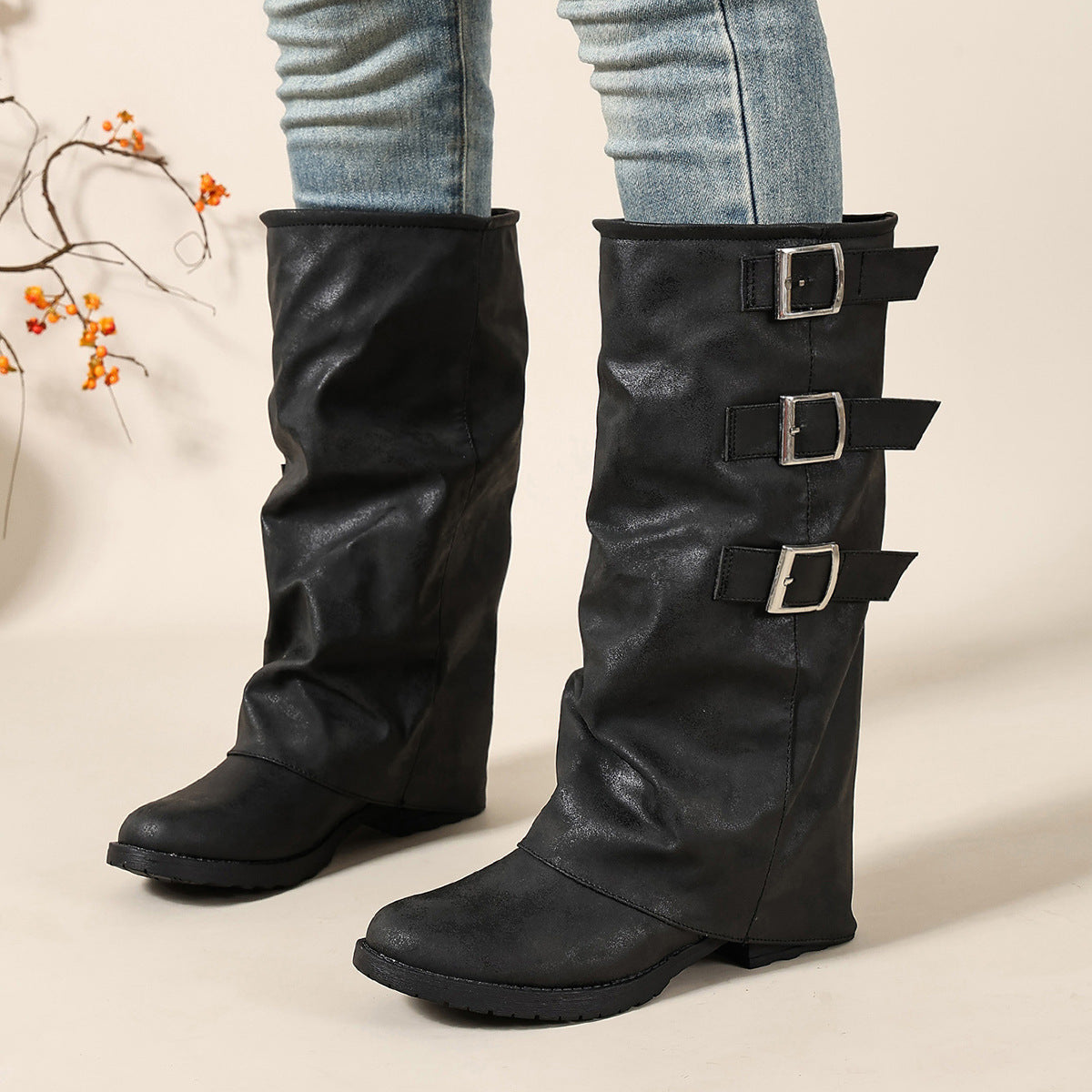 Style Pleated Female Knight Knee-high Brass Women's Leather Boots
