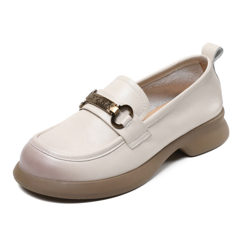 Women's Genuine Spring Slip-on Soft Bottom Cowhide Round Head Loafers