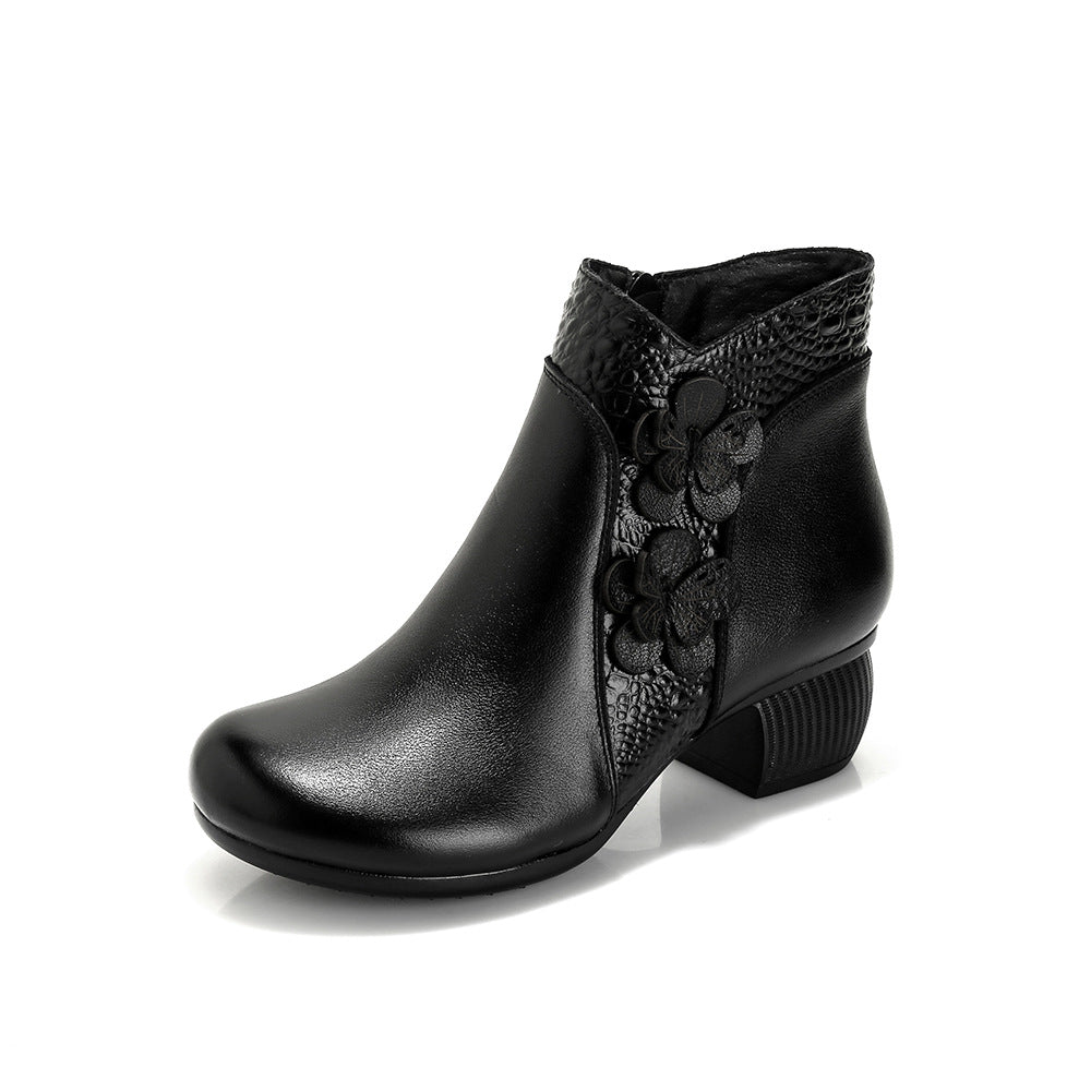 Women's Surface Cattlehide Fashion Medium Chunky Flower Women's Shoes