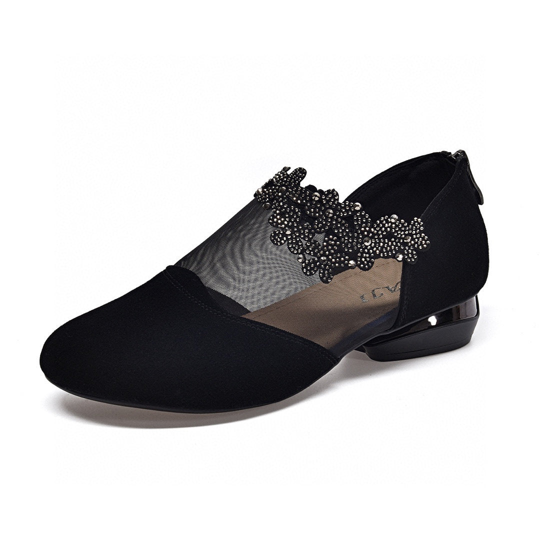 Women's Round Toe Mesh Black Sheepskin Flat Deep Mouth Flower Loafers