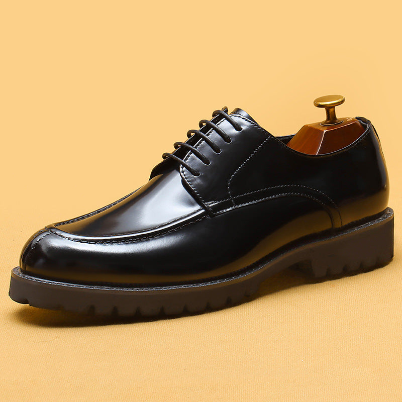 Men's Style Business Formal Wear Genuine Shining Black Platform Leather Shoes