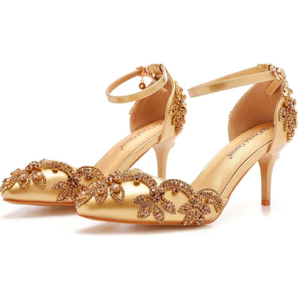 Pointed Plus Size Stiletto Toe Rhinestone High Golden Heels