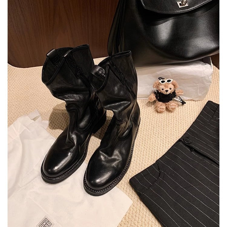 Women's Pointed Round Head V Cut Motorcycle Chunky Heels
