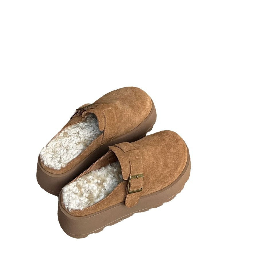 Women's Cowhide Fluffy Outer Wear Winter Fleece-lined Slippers