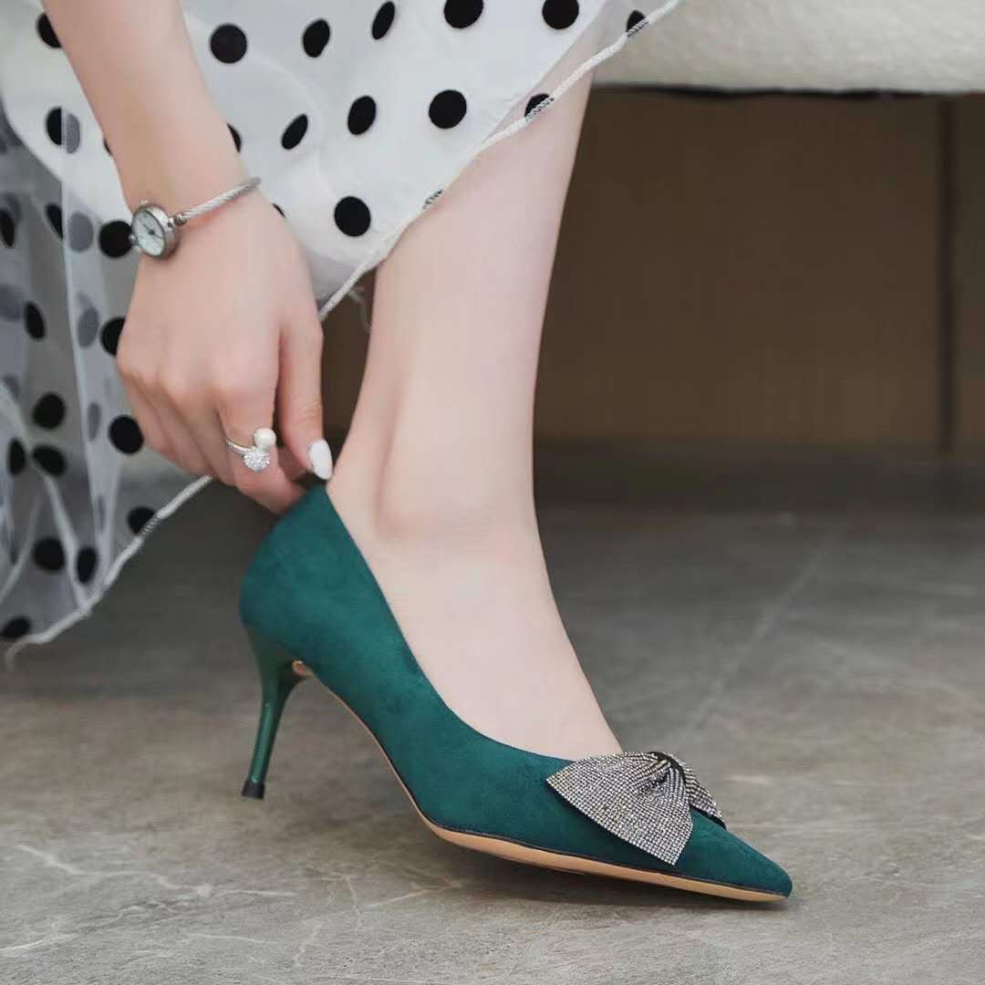 Women's Pointed Stiletto Shallow Mouth Black Bow Women's Shoes