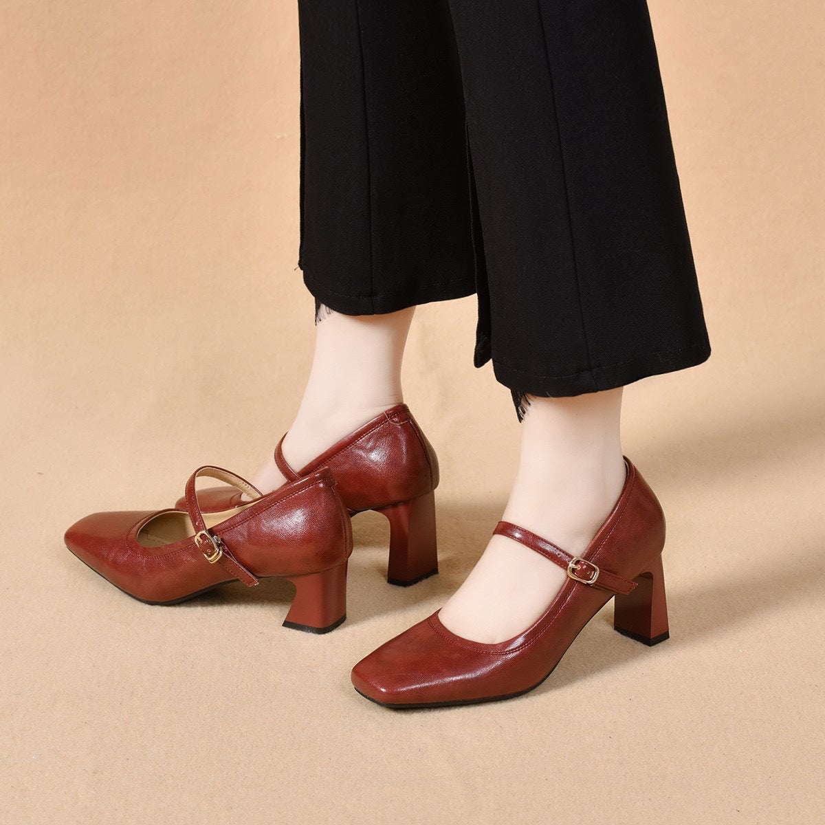 Women's Simple Elegant Texture Sheepskin Mary Jane Spring Chunky High Delicate Women's Fashion Shoes