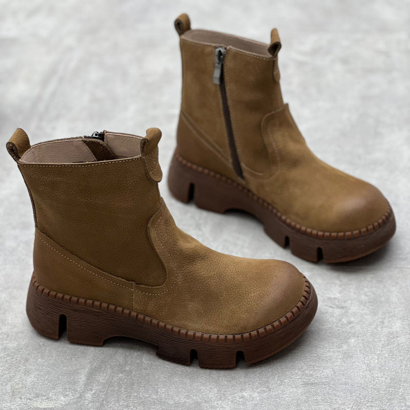 Women's Ankle Retro Ethnic Style Round Toe Muffin Bottom Women's Leather Boots