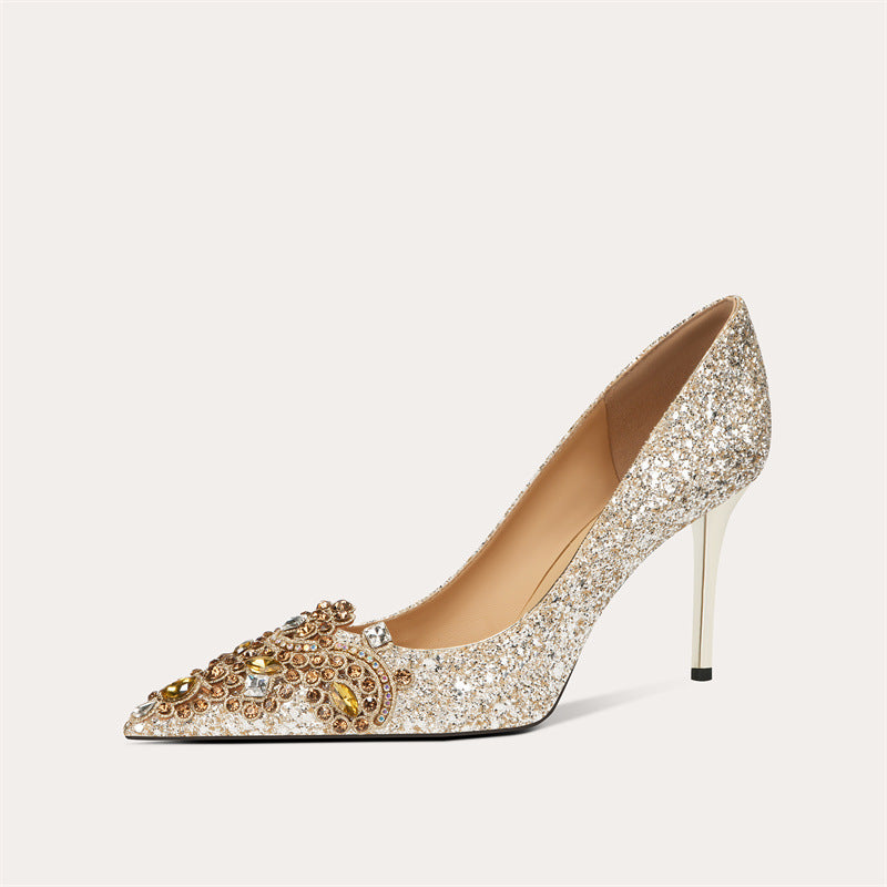 Women's Wedding Banquet Bridal Dress Metal Pointed Crystal Sheepskin Women's Fashion Shoes