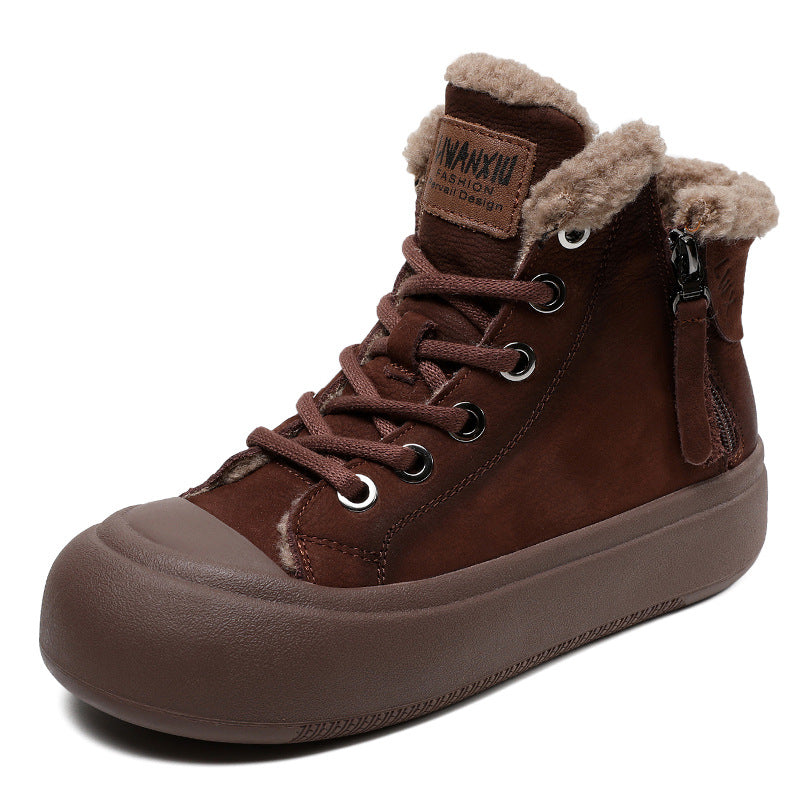 Women's First Layer Cowhide Vintage Double Zipper Short Women's Shoes