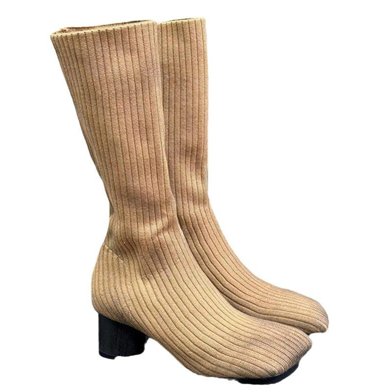 Square Toe Skinny Stretch Cylindrical Socks Boots