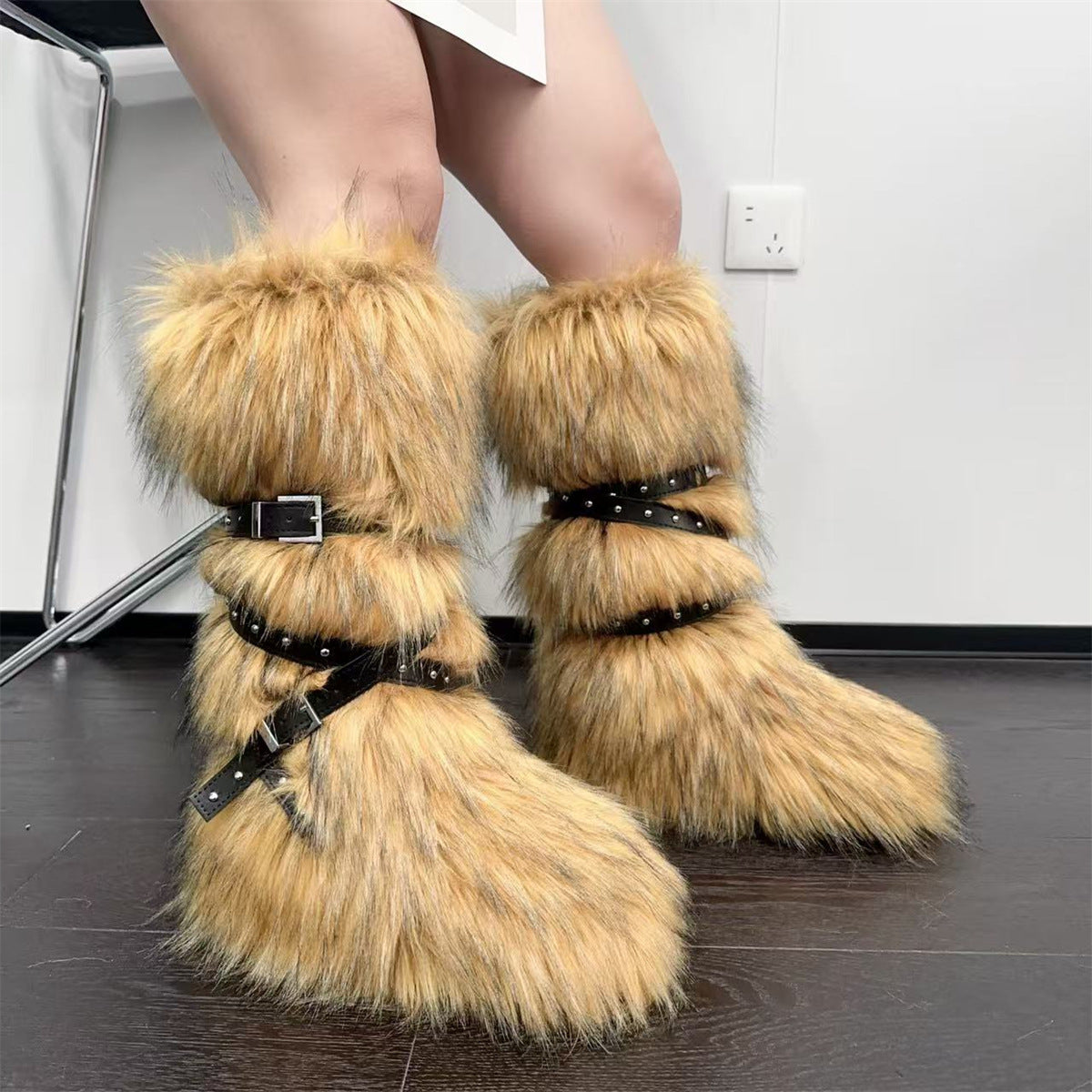 Punk Faux Fur Rivet Slimming Lace Boots