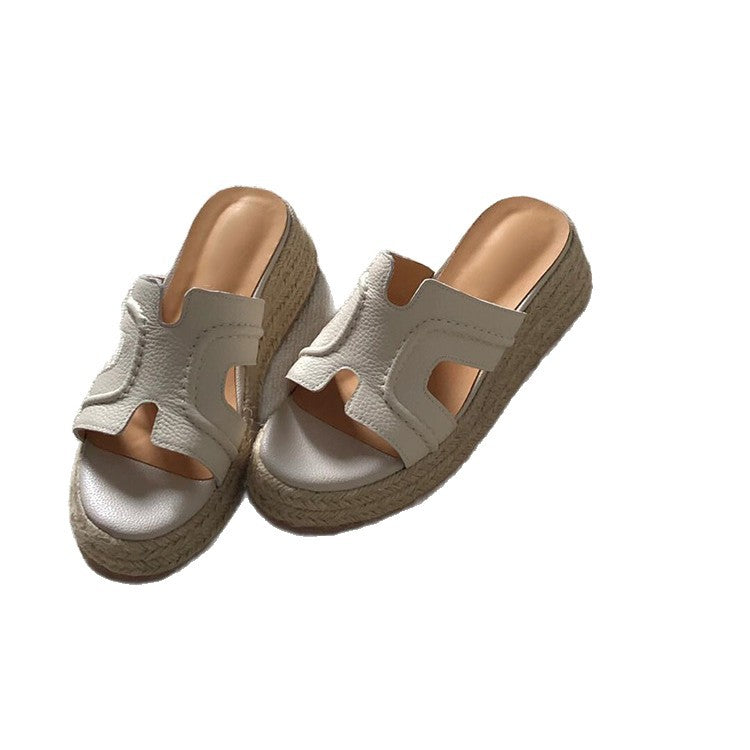 Women's Cowhide Version Straw Woven Platform Outdoor Slippers