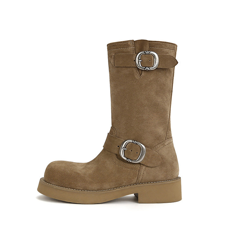 Glutinous Thick Bottom Motorcycle Buckle Ankle Boots