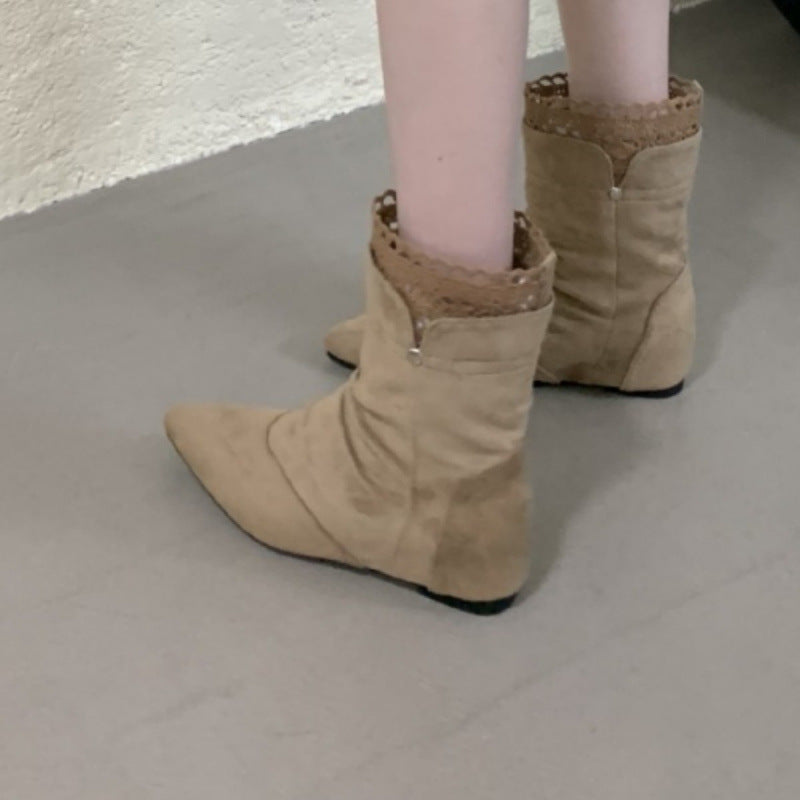 Women's Lace French Pleated Pile Style Pointed Toe Chunky Temperament Knee-high Women's Leather Boots