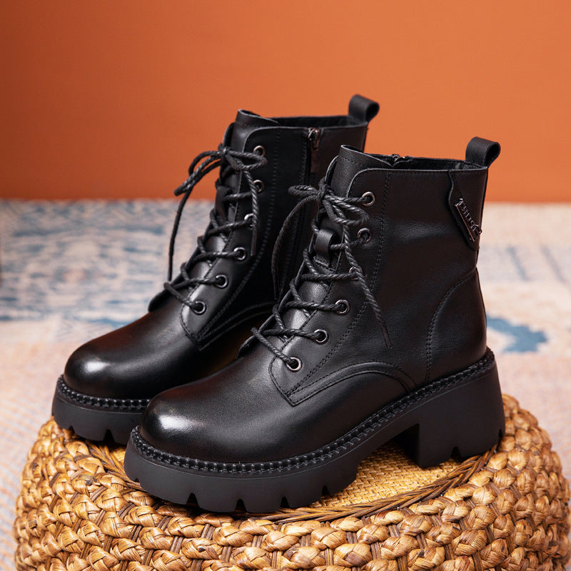 Women's Cowhide Autumn Flat Ankle Retro Round Toe Martin Boots