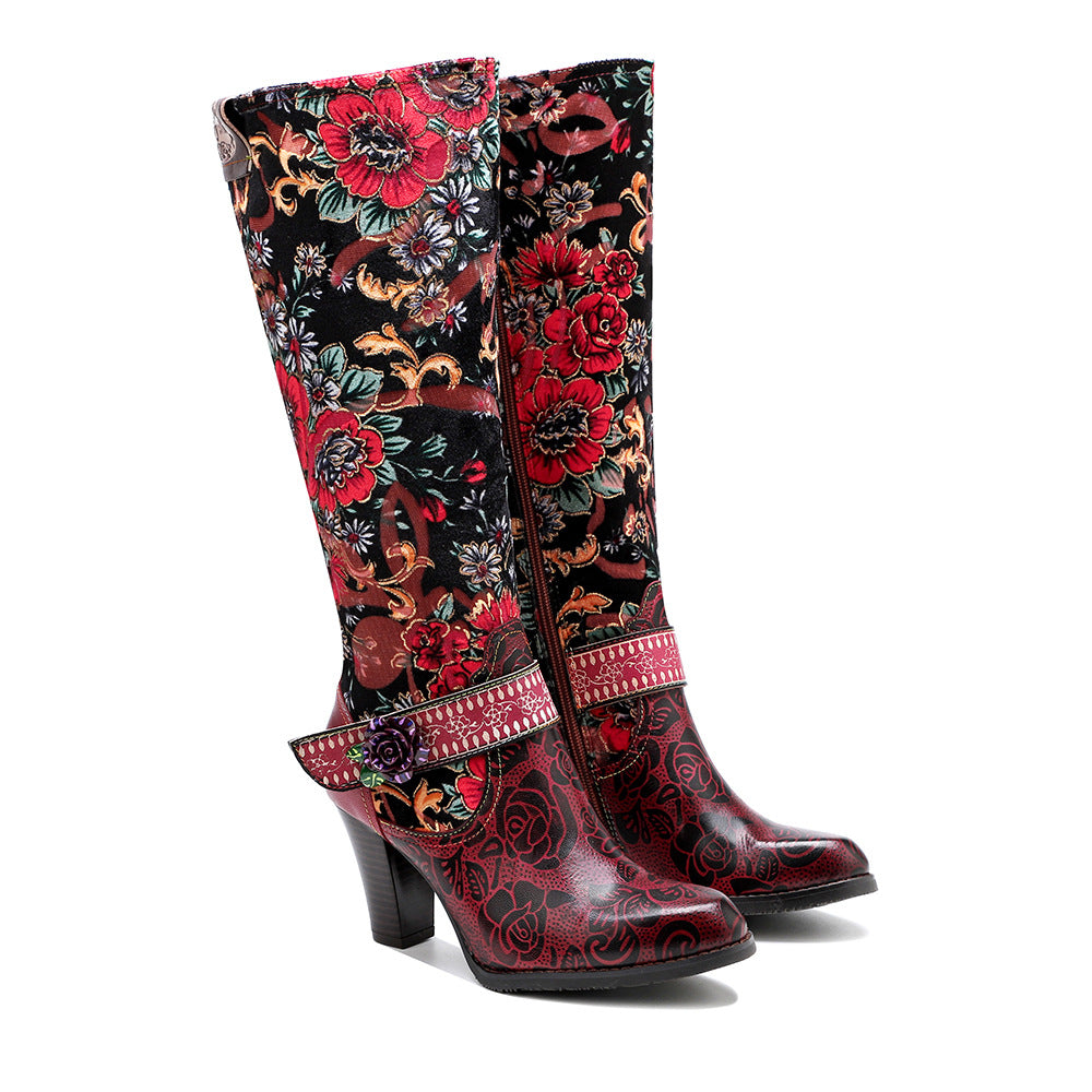 Women's Old Retro Style Three-dimensional Flower Warm Knee-high Women's Leather Boots