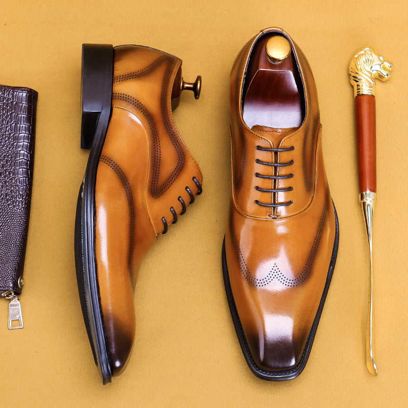 Men's Square Toe British Oxford Hand-rub Color Leather Shoes