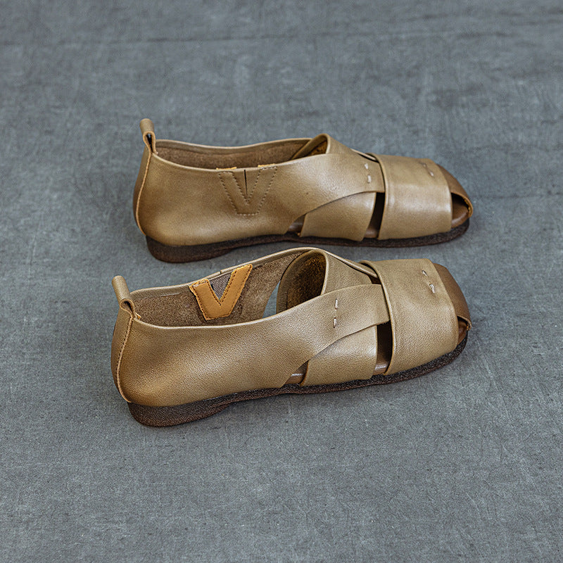 Women's Cowhide Retro Handmade Flat Soft Bottom Summer Sandals