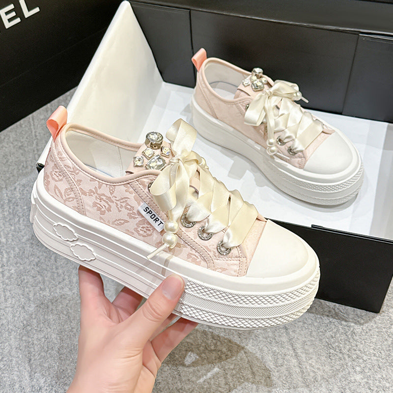 Women's Platform White Summer Breathable Rhinestone Versatile Casual Shoes