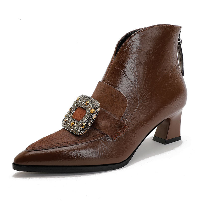 V Cut Chunky Ankle Genuine Horse Fur Pointed Toe Boots