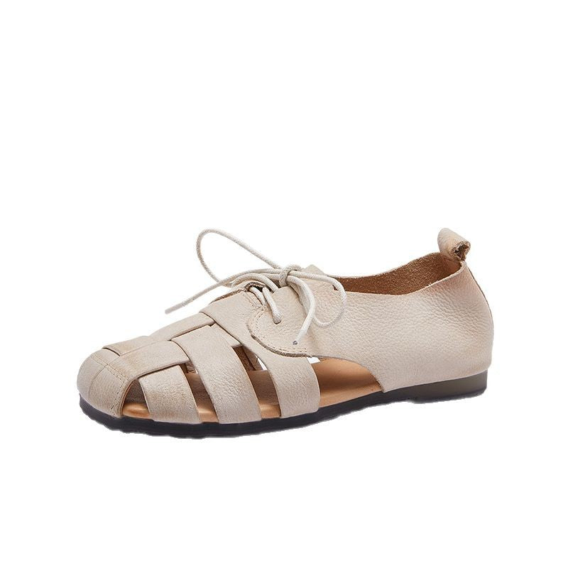 Women's Platinum First Layer Cowhide Woven Flat Sandals