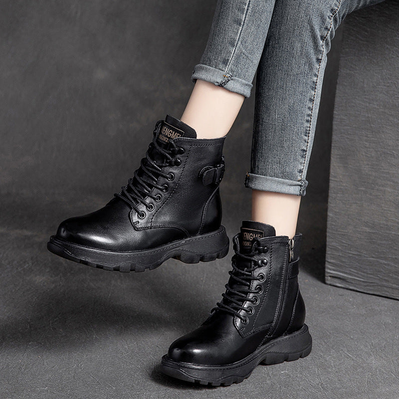Women's Cowhide Platform Solid Color Belt Buckle Boots