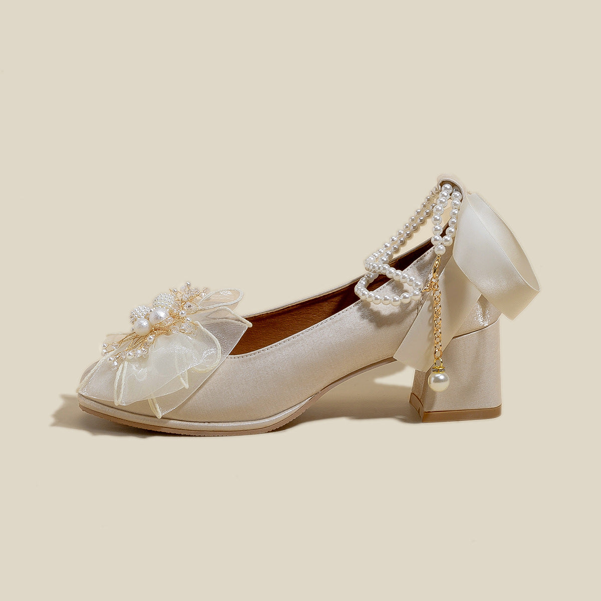 Women's Bridesmaid Pearl Square Toe Chain Satin Women's Shoes