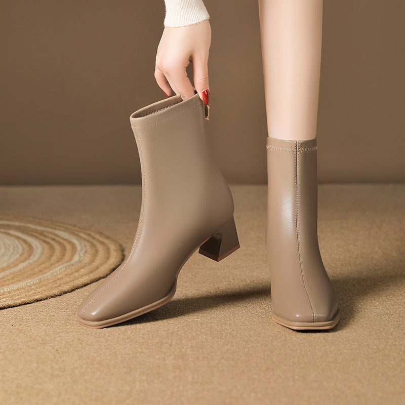 Women's French Style Chunky Short Commuter Back Zipper Boots