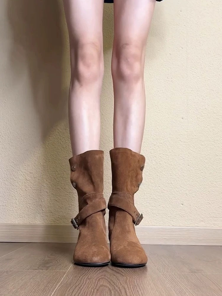 Women's Minority Design Sense Height Increasing Insole Knee-high Belt Buckle Two-way Boots