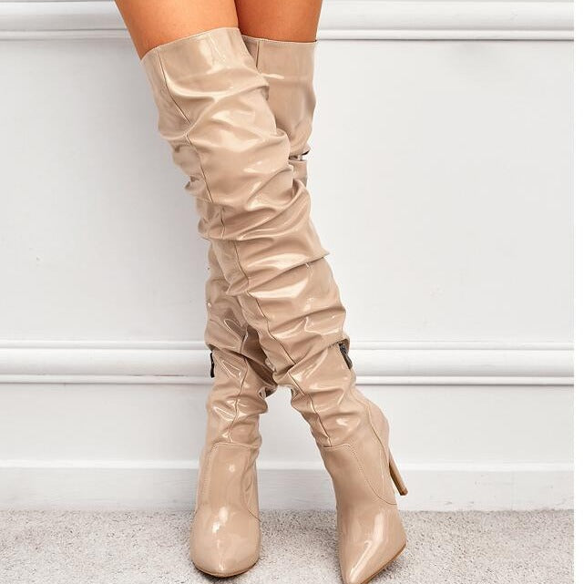 Stretch Autumn Patent Thigh Black Zipper Boots