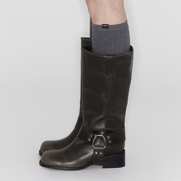 Women's Square Toe Platform Thick Ruins Wind Brushed Western Denim Boots