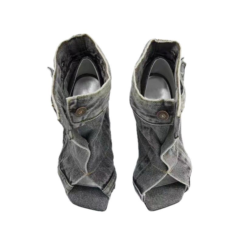 Women's Fat Feet Loose Denim Chunky Fashion Sweet High Heeled Sandals