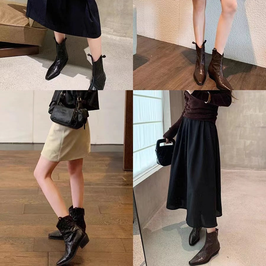 Women's Mouth Retro Denim Skinny Thick Wrinkle Western Short Boots