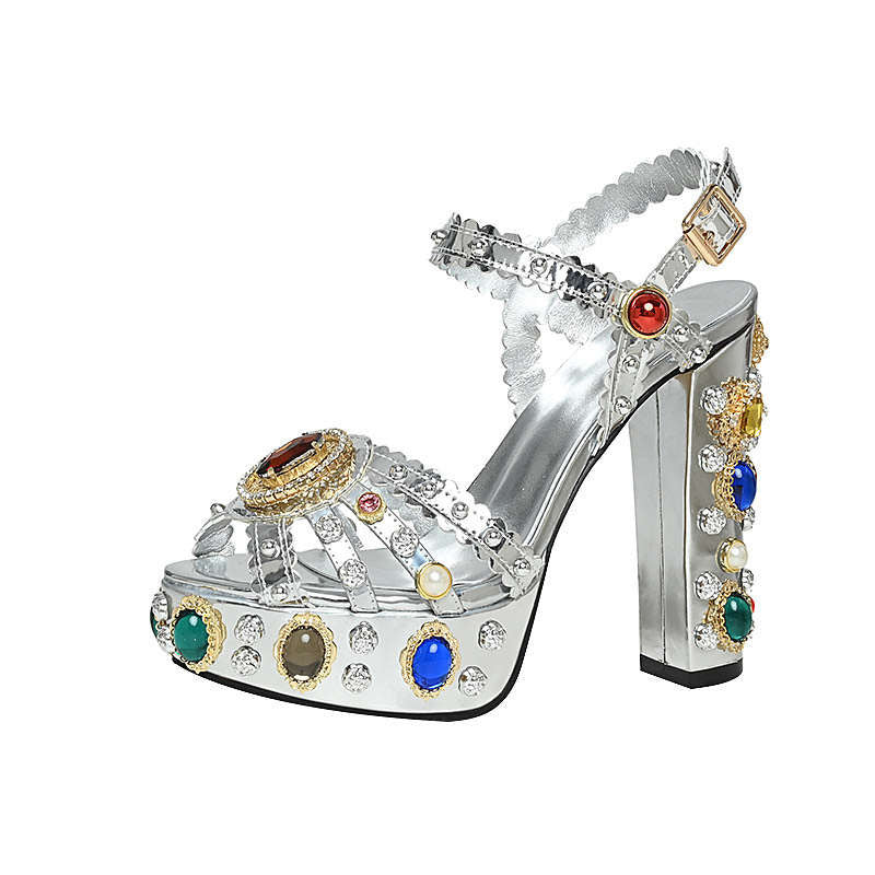 Women's Gold Mirror Rhinestone Flower Show Waterproof Platform High Heeled Sandals