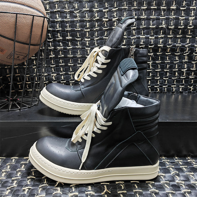 Men's Inverted Triangle Black White Cowhide Plus Size Fan Couple Leather Shoes